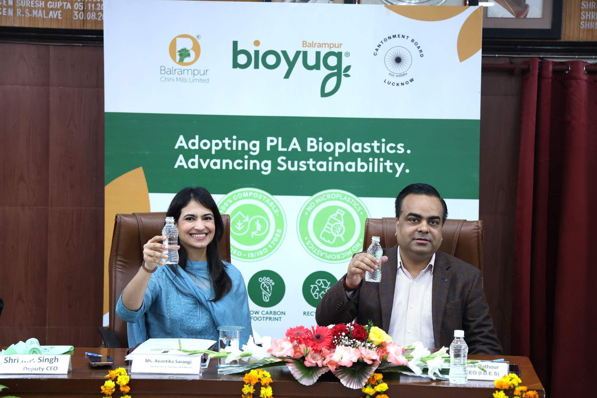Ms. Avantika Saraogi, ED BCML and Shri Abhishek Rathour, CEO, Lucknow Cantonment Board, showcasing the Bioyug PLA bottle following the MoU signing